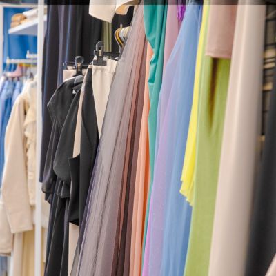 Fila di capi colorati appesi nel reparto abbigliamento