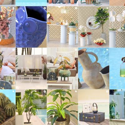 Feed Instagram Bruco con decorazioni blu, piante grasse e accessori per interni