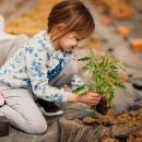 Bambino impegnato in un'attività di giardinaggio durante il campus