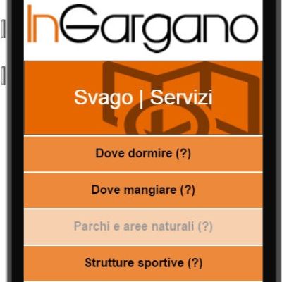 Menu Svago e Servizi dell'app InGargano con attività e servizi per i visitatori