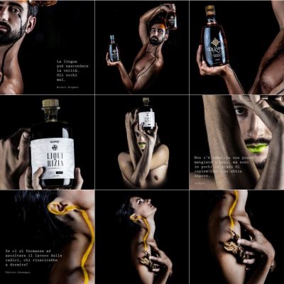 Feed Instagram Scuppoz con bottiglie di liquori e ritratti su sfondo nero