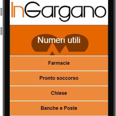Menu Numeri utili dell'app InGargano con farmacie, banche, chiese e servizi
