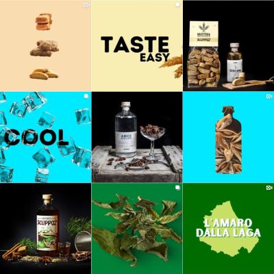 Feed Instagram Scuppoz con grafiche colorate, gusti e cocktail